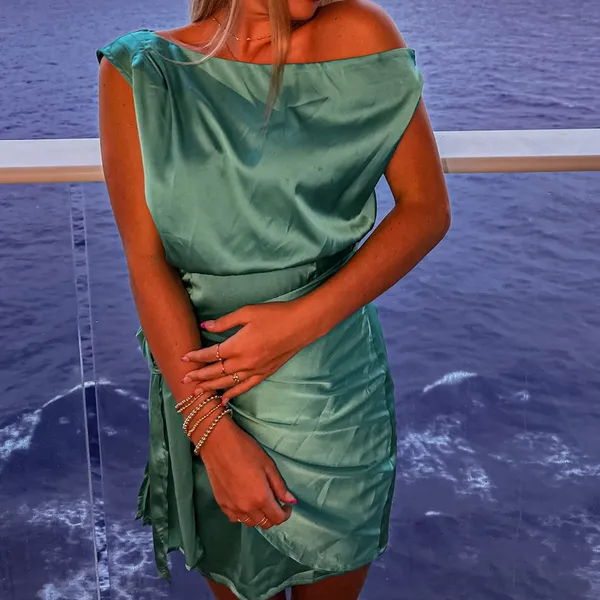 Satin One Shoulder Sleeveless Tie Waist Cocktail Party Mini Dress size small - Image 3