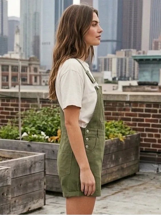 Olive Green Earth Tone Utility Shortalls // Gorpcore Utility Bib Overalls L - Image 2