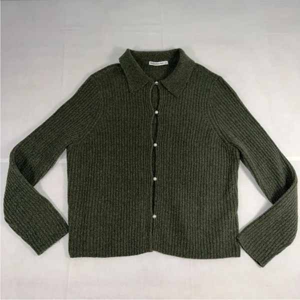 Abercrombie & Fitch Womens Ribbed Polo Cardigan Pearl Button Green Wool Blend L - Image 5