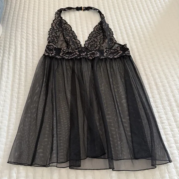Victoria’s Secret Black Halter Top M Medium Sheer Mesh Lace Slip Dress Lingerie - Image 6