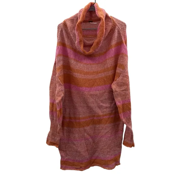 Free People Candy Stripe Pink Orange Knit Long Sleeve‎ Cowl Neck Tunic Sweater M - Image 3