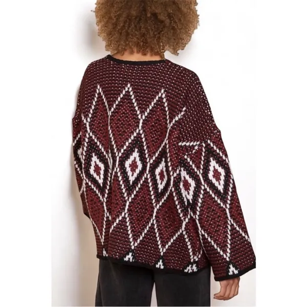NEW POL Burgundy Black Diamond Pattern Chunky Knit Cardigan S - Image 8