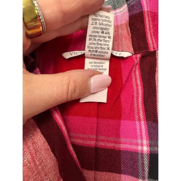 Victoria's Secret Size Small Short Sleeve‎ Button Up Pajama Top Red Pink Plaid - Image 4