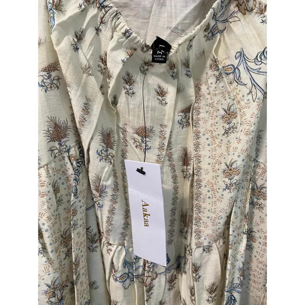 New Aakaa Floral Tie Front Midi Dress Ivory Blue Size M - Image 3