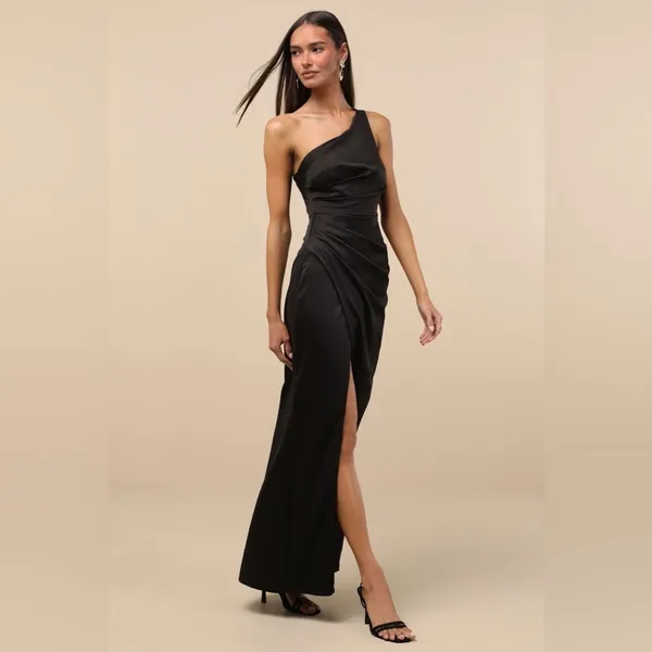 LULU’S Dreaming Of Elegance Black Satin One-Shoulder Maxi Dress - Image 11