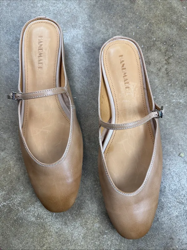 Handmade Genuine Leather Tan Mary Jane Mule D’Orsay Shoes Size: 40 - Image 2