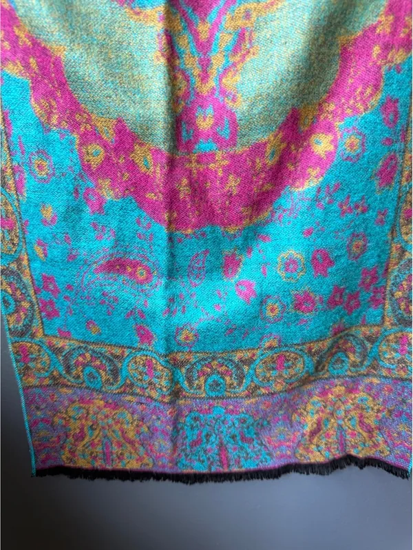 100% Silk Turquoise and Coral Floral Shawl Wrap - Image 3