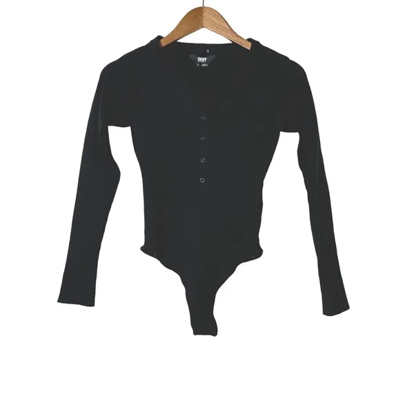 DKNY Medium Black Ribbed Henley Long Sleeve Bodysuit Snap Front - Image 3