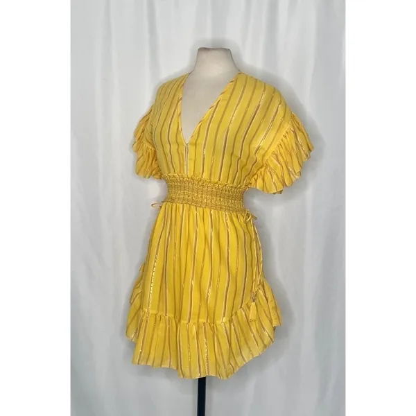 SAYLOR Yellow Metallic Striped Dress Fluttery Smocked Mini Gold Party Medium - Image 5