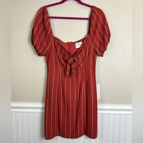 J.O.A. Rust Red Striped Linen Blend Tie Front Puff Sleeve Mini Dress Size M - Image 2