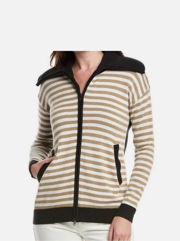 Cabi Mascot Cardigan 6448 Tan White Striped Black Full Zip Sweater - Image 8