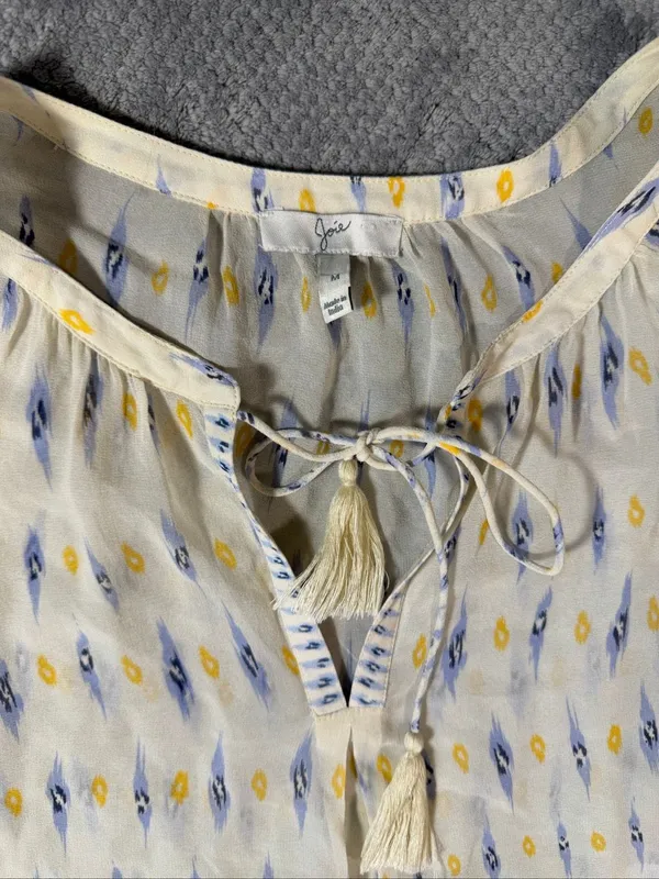 Joie Medium 100% Silk Ikat Tassel Tie Boho Peasant Blouse Ivory Blue Sheer Work - Image 3