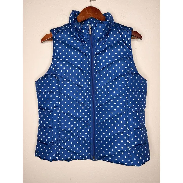 LANDS END 600 DOWN Women Navy Polka Dot Hyperdry‎ Allied Zip Puffer Vest Sz M - Image 5