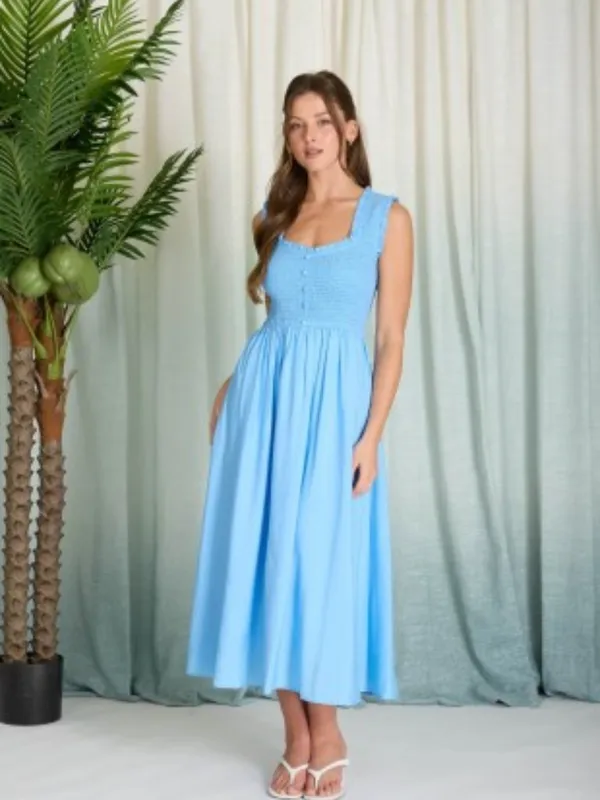 Light Blue Smocked Midi Dress V-Neck Button Front Ruffle Small - Image 2