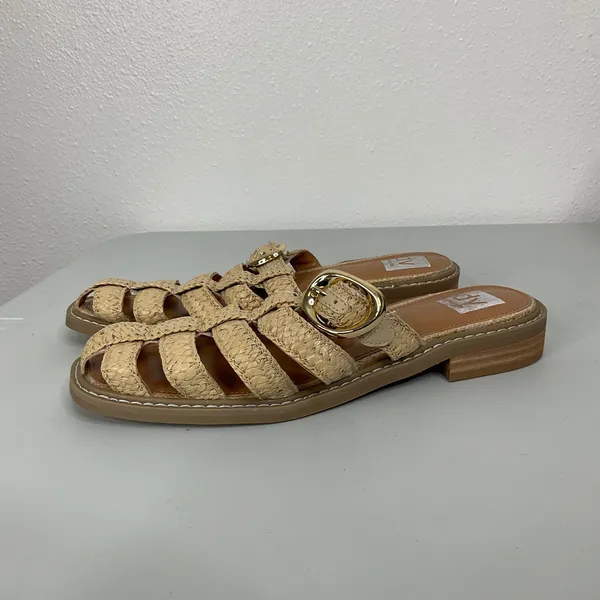 DV Dolce Vita Falcun Woven Raffia Fisherman Slide‎ Sandals Beige Gold Buckle 7.5 - Image 3