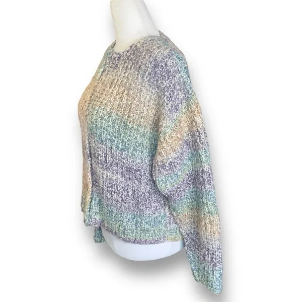 Vintage‎ Pastel Ombre Hand Knit Cardigan Chunky Cropped Sweater Rainbow Cozy - Image 4