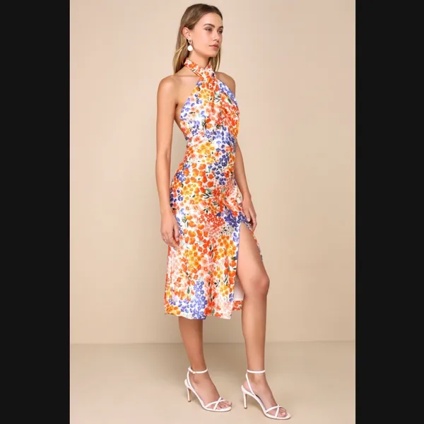 Lulus Bold Presence Orange Multicolor Floral Satin Halter Midi Dress - Image 3