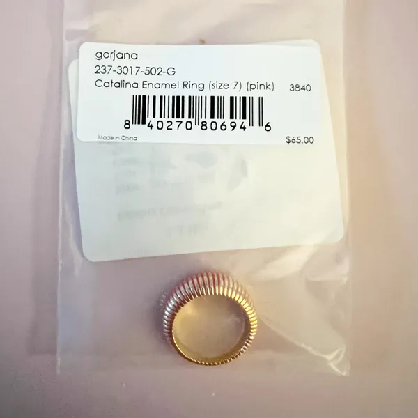 GORJANA 18k Gold Plated Catalina Enamel Ring Gold Pink Striped Boho Chic Size 7 - Image 5