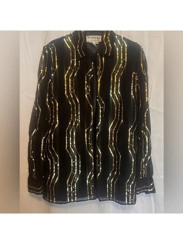 Vintage Evening mini dress Black Gold Heavy Sequin Formal Jacket Blazer Formal - Image 2