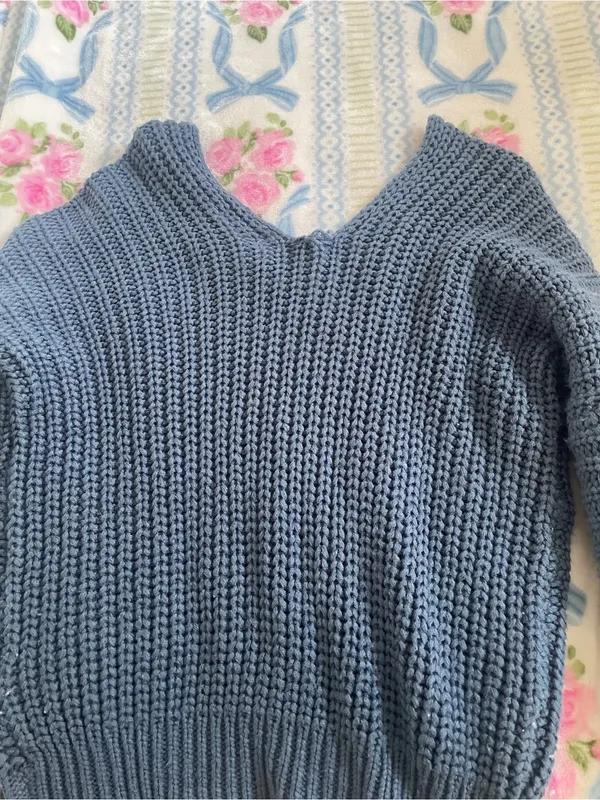 Poof Apparel Classic V-Neck Chunky Knit Sweater in Slate Blue - Image 3