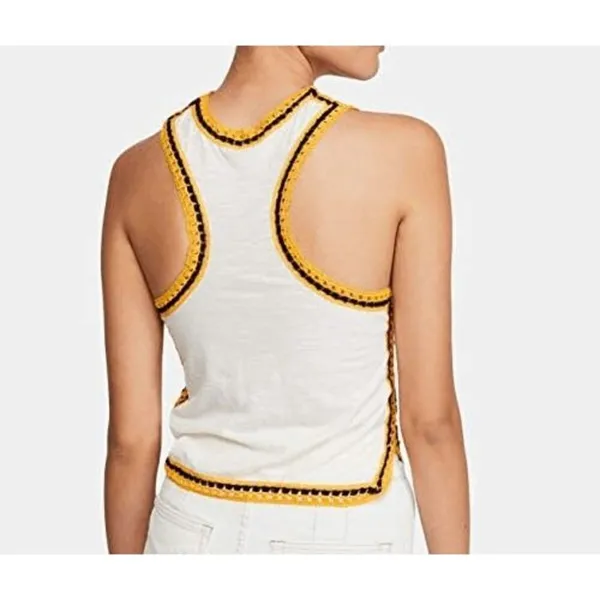 Free People Black Yellow Ivory Bora Bora Racerback Crochet Linen Blend Trim Tank - Image 10