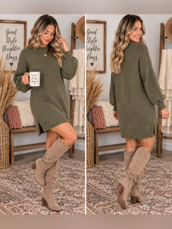Olive Knit Sweater Mini Dress - Women's Long Sleeve Pullover - Image 2