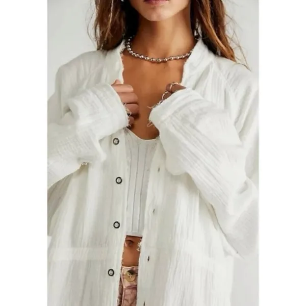 Free People Summer Daydream Buttondown Top in Ivory Size Small Gauze Oversized - Image 5