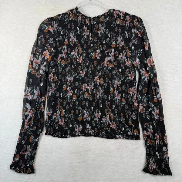 Veronica Beard Smocked Floral Blouse Black Pink Long Sleeve Top Size 4 - Image 8