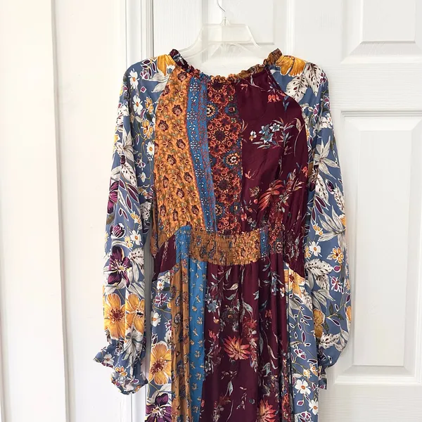 Oddi ODDY Bohemian Patchwork Mixed Print Midi Dress Bishop Sleeve Floral Large - Image 7