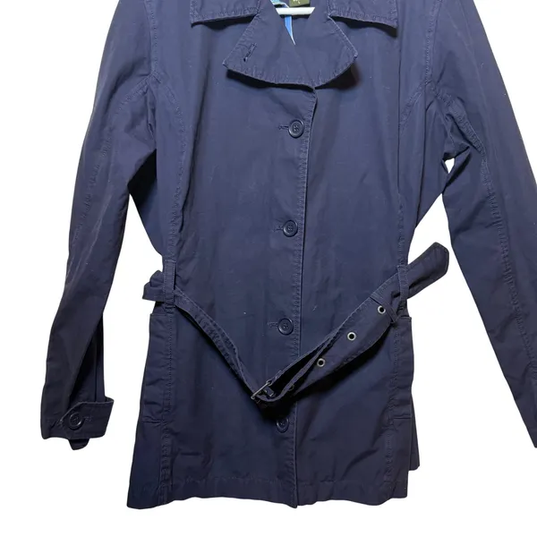 Eddie Bauer Womens Lightweight‎ Trench Coat Jacket Button Belted Navy Blue Large - Image 2