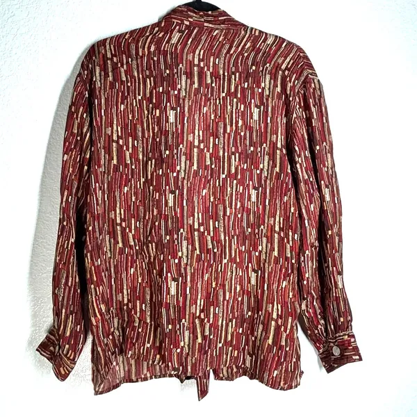 Vintage 90's QUO Silk XL Burgundy Top Blouse Open front long sleeve women's - Image 3
