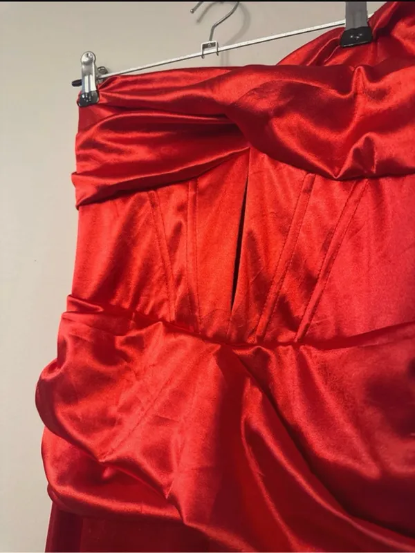 Strapless Red Satin Wide-Leg Jumpsuit - Image 2