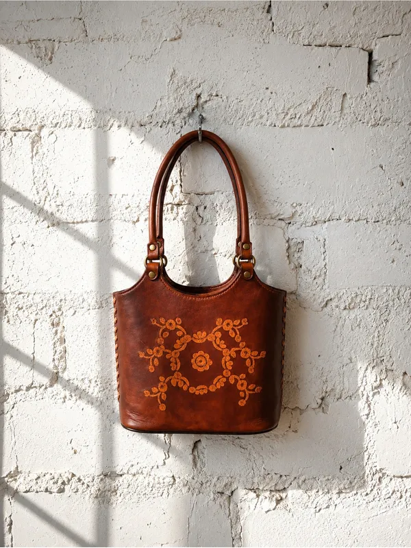 NWOT- Vintage Genuine Tooled Leather Whipstitched Mini Tote Bag Cognac - Image 4