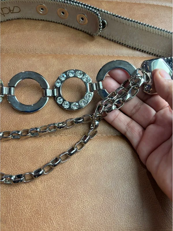 Cache Silver Hoop Ring Belt Layered Chain Rhinestone Y2K - Image 3