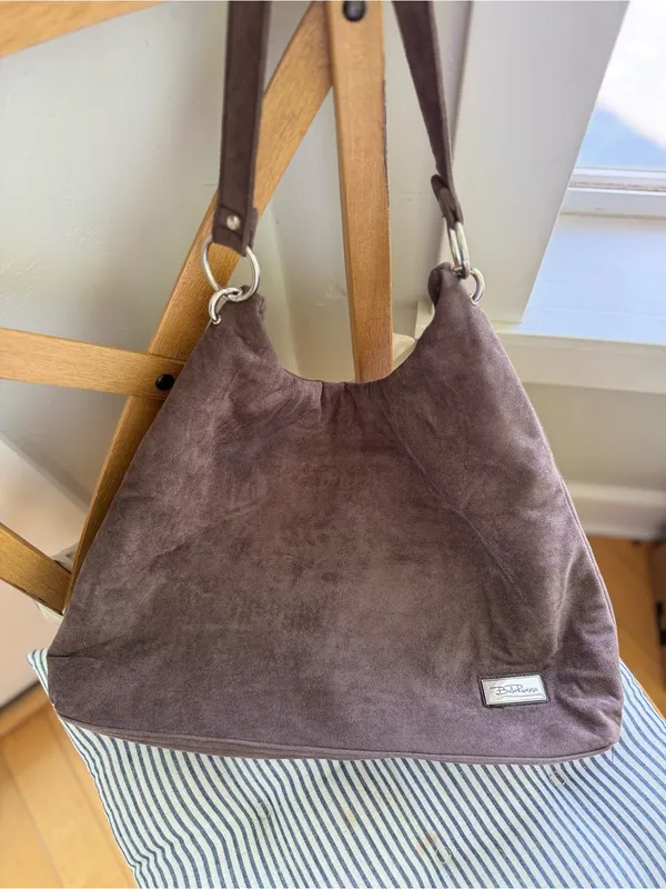 Bella Russo Taupe Brown Faux Suede Hobo Shoulder Bag Silver Accents - Image 2
