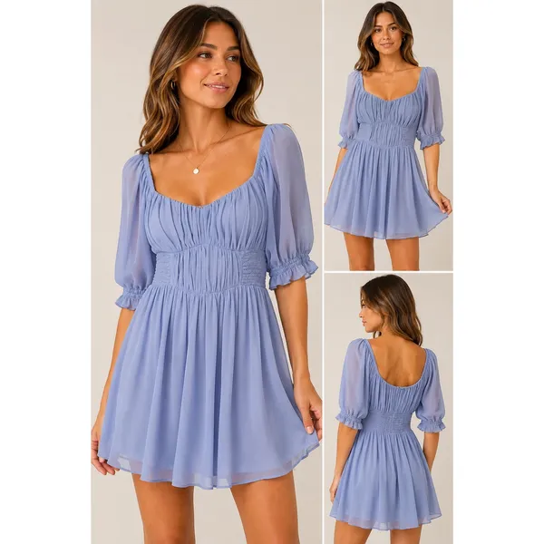 Abercrombie & Fitch Periwinkle Blue Pleated Smocked Puff Sleeve Mini Dress M - Image 2