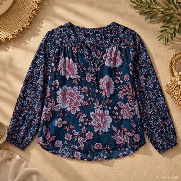 Band of the Free Blue Red Floral V-Neck Long Sleeve Blouse Small NWT - Image 2
