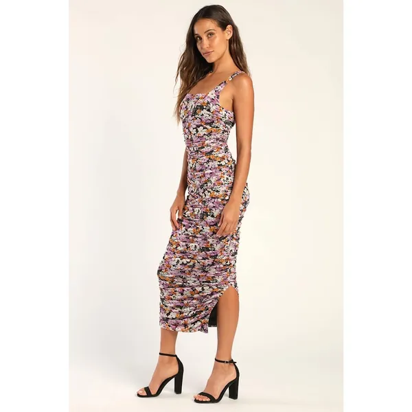 NWT Lulus V.I.P. Treatment Black Floral Mesh Ruched Bodycon Midi Dress Cruise S - Image 8