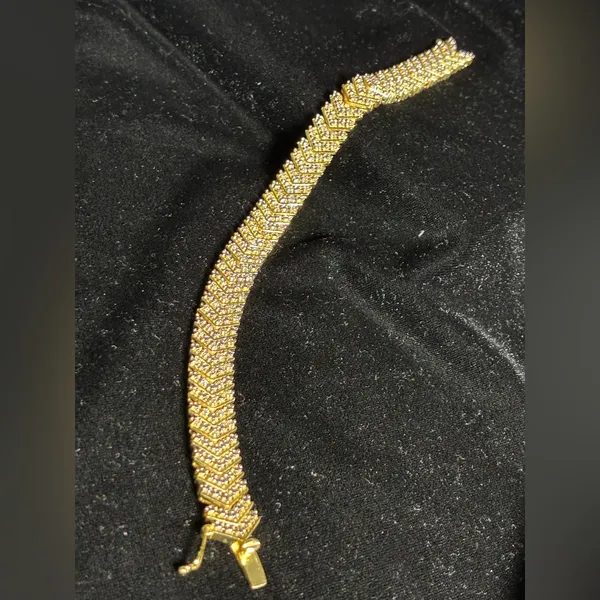 18K Gold Finish Natural Chevron Bracelet 1ct Lab Diamond in Brass 7.5” - Image 5