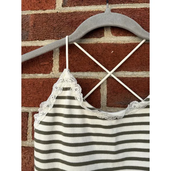 American Eagle Lace Trim Striped Cami Tank Top XS Olive Ivory Y2K Cottagecore - Image 5
