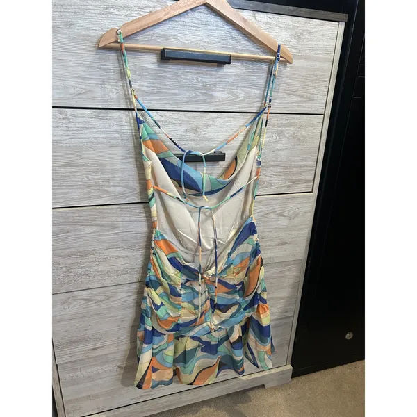 Sky to Moon Retro Swirl Print Ruched Mini Dress Blue Orange Cowl Neck Large - Image 4