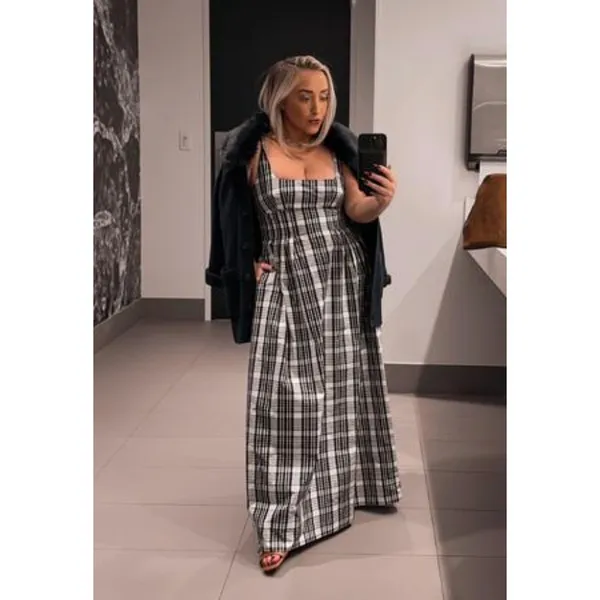 MAEVE Square Neck Tie Strap Midi Dress in Plaid Size Large - Image 2