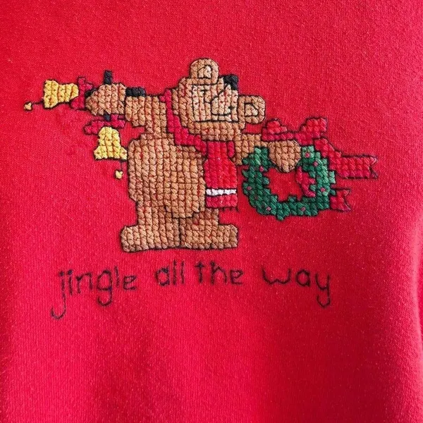 Vintage Russell Athletic Red Christmas Sweatshirt XL Jingle Cross-Stitch bear‎ - Image 2