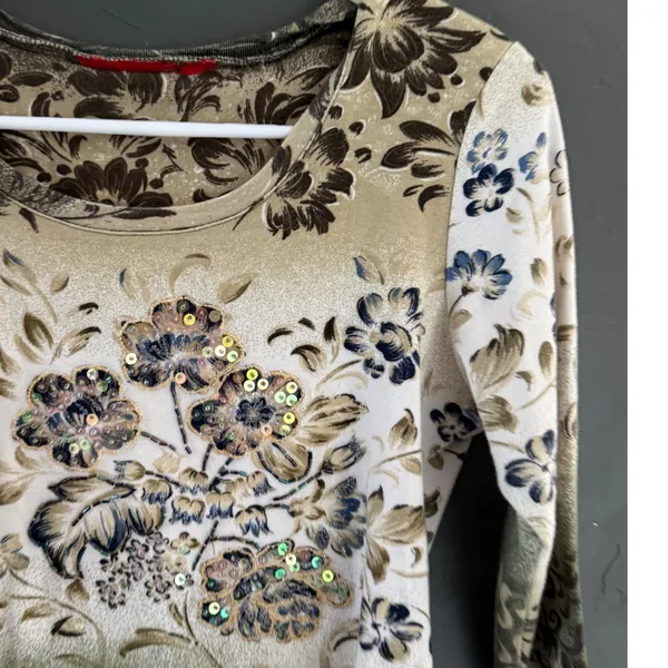 Womens Y2k Floral Sequin Fairy Knit Top Earth Tone Damask Print Scoop Neck L‎ - Image 2