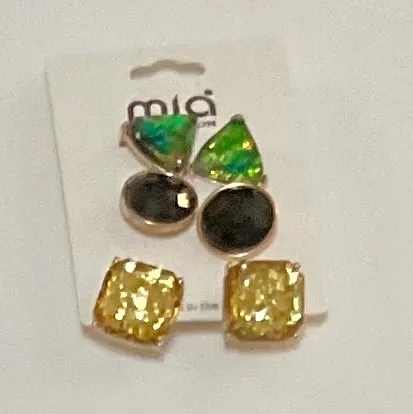 Gold MIA 3-Pair Stud Earring Set - Green, Black, - Image 3