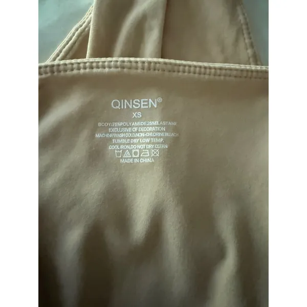 QINSEN Tan Nude Square Neck Bodysuit XS Adjustable Straps Thong Back‎ Stretch - Image 8