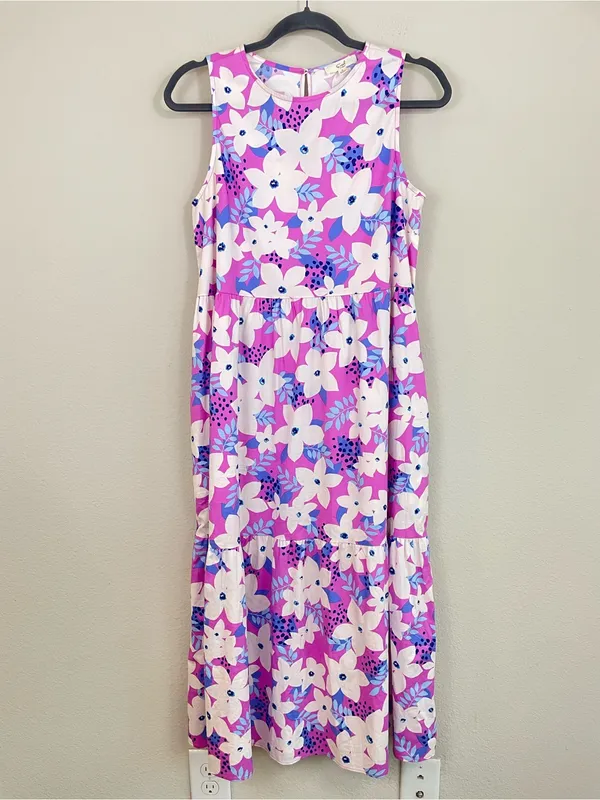 Easel‎ Purple Floral Sleeveless Tiered Poplin Midi Dress S Tropical Resortwear - Image 2