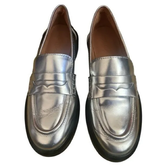 Madewell The Vernon Metallic Silver Leather Penny Loafers Size 6 - Image 3