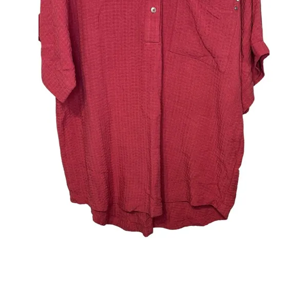 BKE Women Top Shirt Button Front Collar Pocket Short Sleeve Oversized Red‎ Small - Image 4