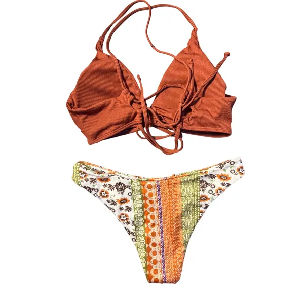 NWT ZAFUL Womens Ribbed Triangle Boho Print High Cut Swimsuit Coffee Small - Image 6